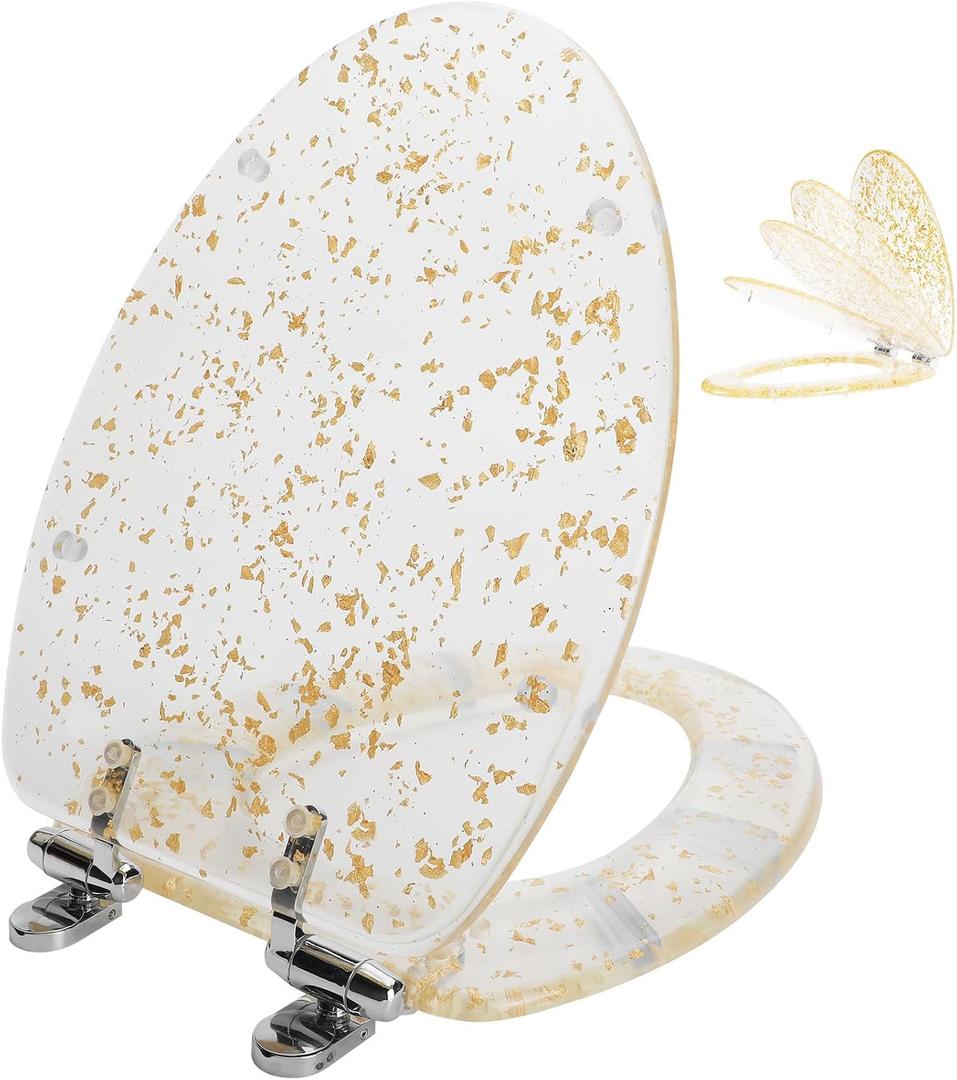 Angol Shiold ELONGATED Gold Resin Toilet Seat Soft Close Quick Release Adjustable Hinges Easy Clean Heavy Duty Toilet Seats Decorative Acrylic Seats (19 Inch, Gold Foil, Upgraded hinge)