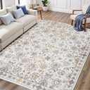Washable Area Rug 5x7 for Living Room & Bedroom, Large Neutral Floral Rugs, Soft & Non Slip, Low Pile Wool Carpets for Indoor Under Table Dining Home Office Nursery Playroom, Beige