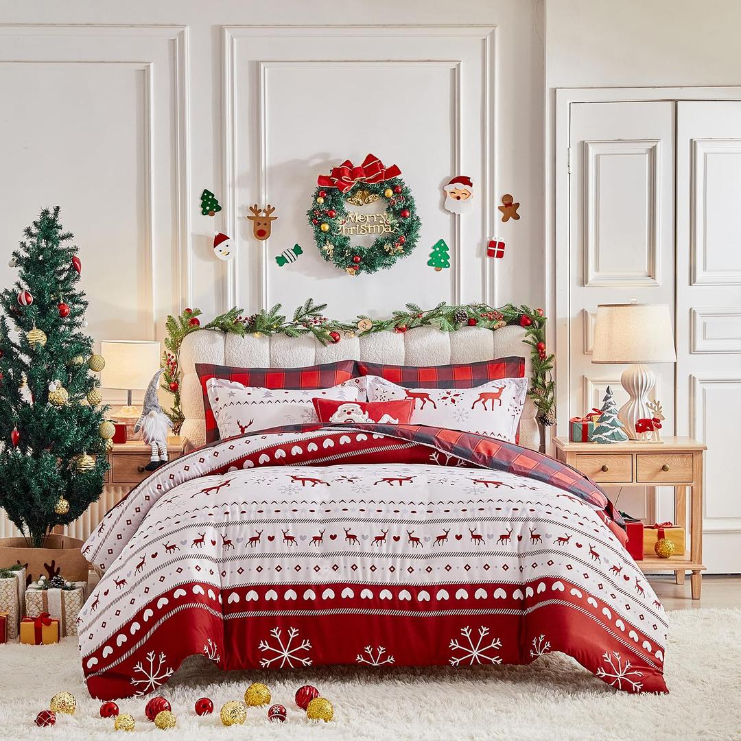 Christmas Duvet Cover Set Red White Stripes Style Queen Size - Snowflakes Deers dots Cubes Holiday Style - New Year Gift Decor Xmas Thanksgiving Choice 3pc Bedding Set with 2 Pillow Shams