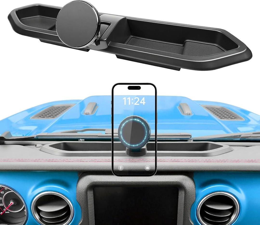 Magnetic Dash Phone Mount for 2018-2023 Jeep Wrangler JL JLU & Gladiator JT Accessories Multi-Mount Phone Holder Dashboard Storage Tray with Extra Clip Bracket, Not for Oil-Electric 4xe