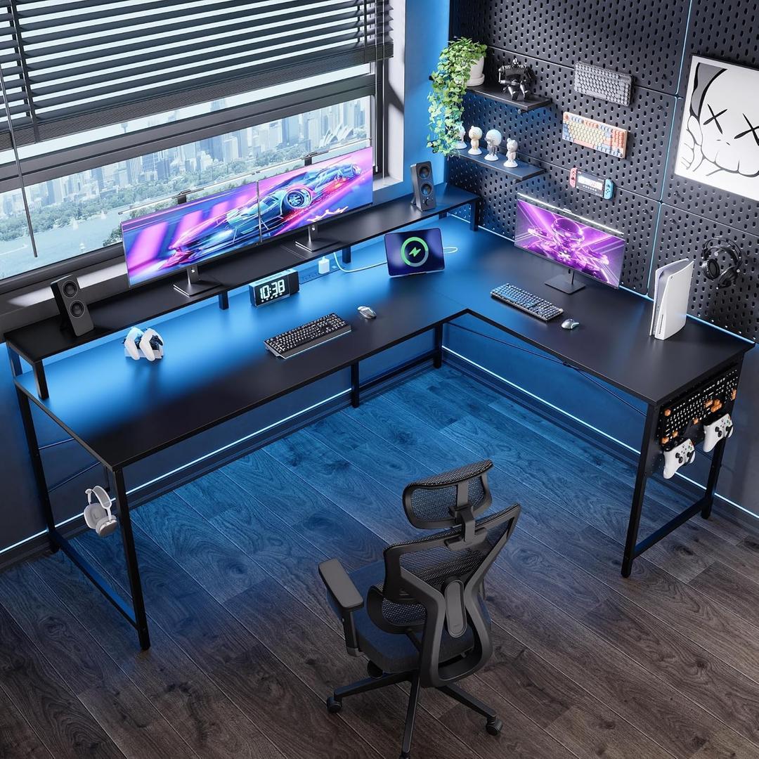 Pamray 64 Inch L Shaped Gaming Desk with Power Outlets and Led Lights, Large Corner Computer Desk with Monitor Stand and Pegboard, PC Table for Home Office and Bedroom, Black