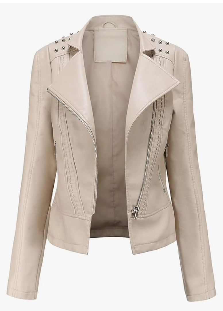 chouyatou Women's Casual Light Studded Shoulder Moto Biker Faux Leather Jacket M