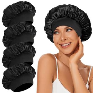 4Pcs Satin Bonnet Silk Bonnet, Hair Bonnet for Sleeping, Elastic Wide Band Silk Sleep Cap, Soft and Breathable (Black)