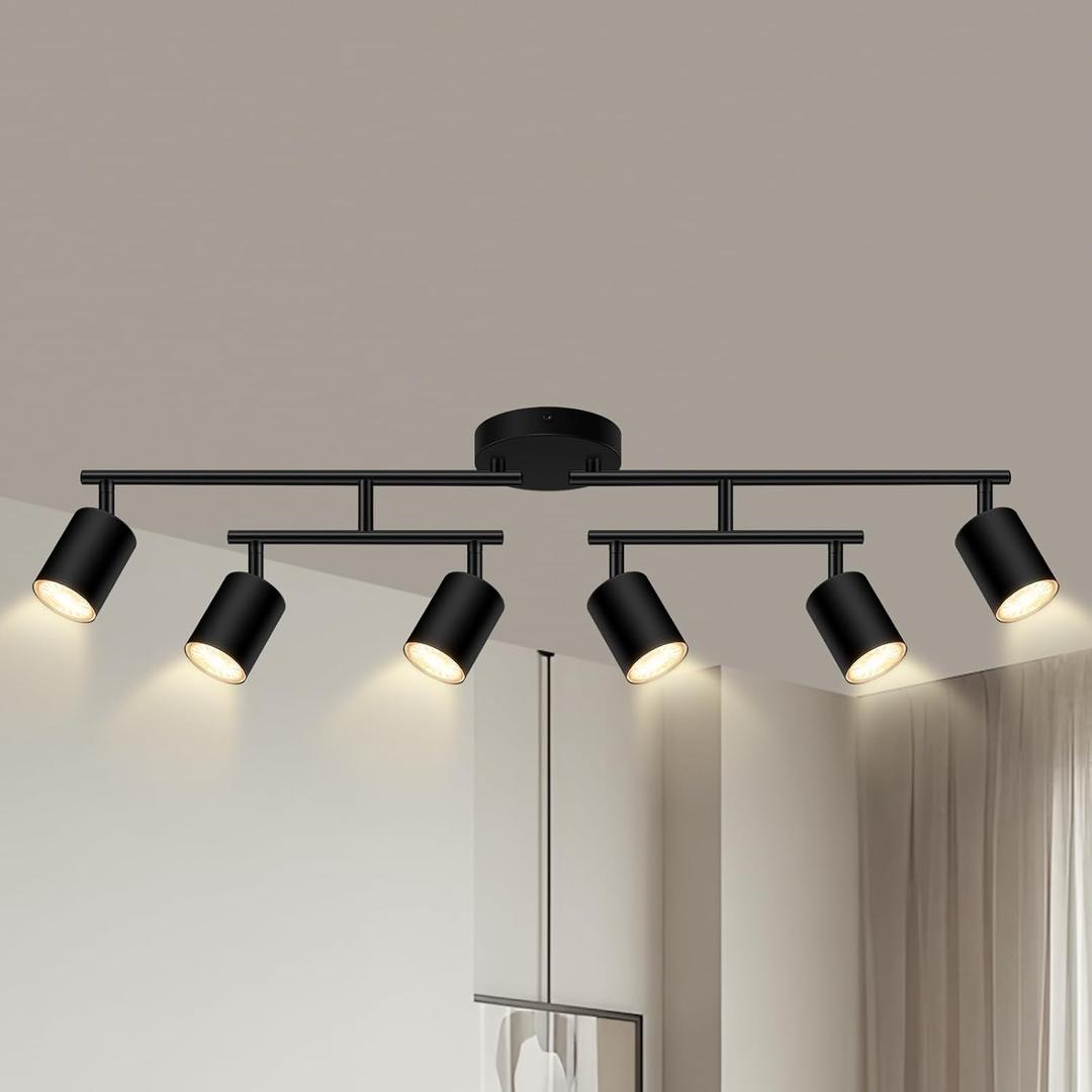 6 Light Track Lighting Fixtures Ceiling, Matte Black Kichen Track Lighting Fixtures with Rotatable Light Heads, Upgrade Light Poles, Modern LED Sopt Lights for Kitchen/Hallway, No GU10 Bulb