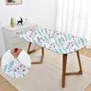 Spring Pink Floral Oval Fitted White Tablecloth 48x68 Inch Outdoor Elastic Table Cloth Washable Non Slip Spandex Stretchy Fabric Table Cover Wrinkle Free with Cute Flower Green Leaves