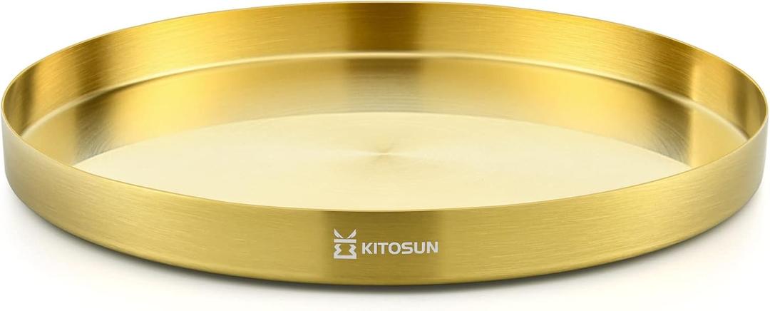 Gold Tray Round Serving Platter - Metal Decorative Plate for Bar Club Lounge Coffee Table Centerpieces Perfume Vanity Jewelry Display Cosmetic Storage Counter Bathroom Organizer (12" W x 1.1" H)