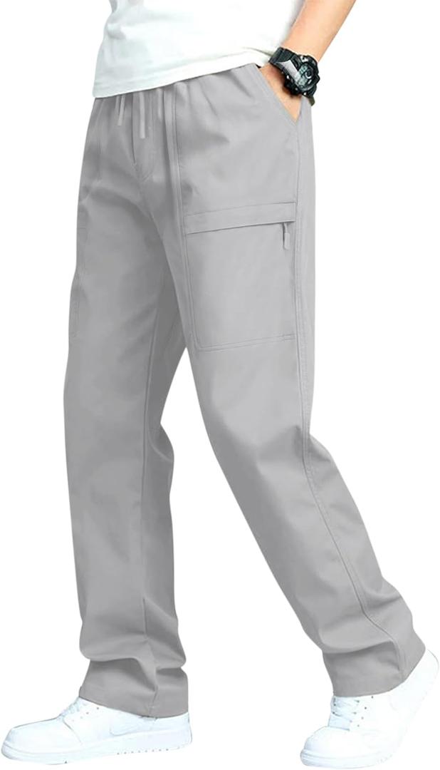 Men's Casual Cargo Pants Workout Sweatpants Joggers Stretch Hiking Drawstring Tactical Trousers (Large, Light Gray)