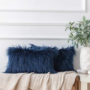 Ashler HOME DECO Pack of 2 Decorative Luxury Style Navy Blue Faux Fur Throw Pillow Case Cushion Cover 12 x 20 Inches 30 x 50 cm