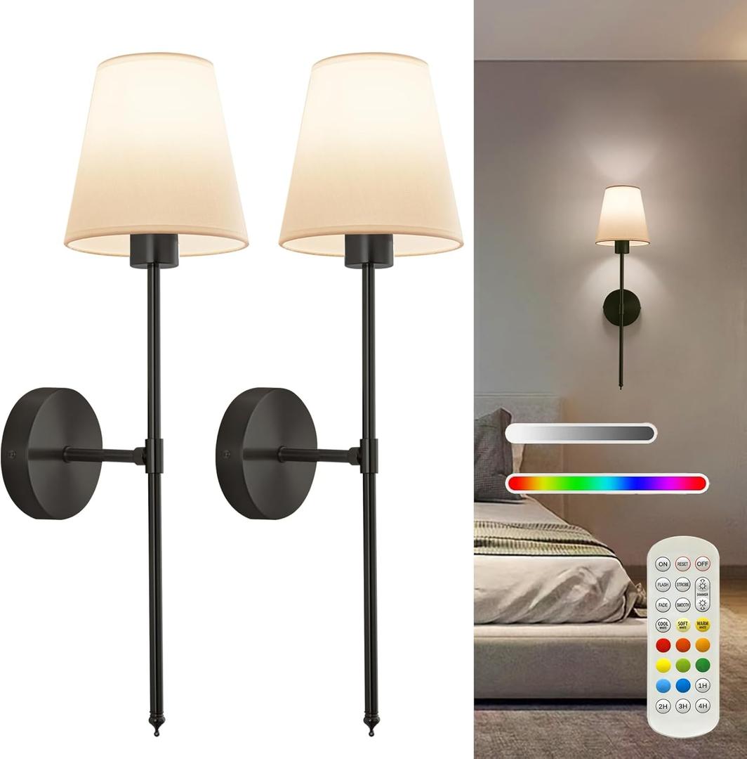 Wall sconces Set of Two Battery Operated  Rechargeable Wireless Wall Lights with Remote, 15 Colors & Dimmable Detachable Bulbs, Black Wall Lamps for Bedroom, Living Room, Hallway, and Home Decor