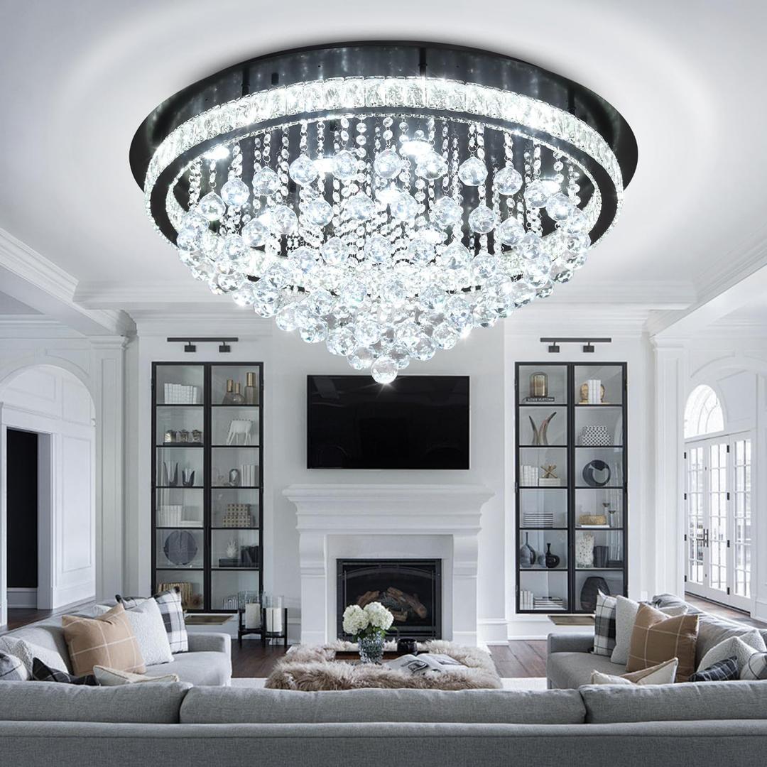 Dia 32" Modern Crystal Chandeliers for Dining Room,Black Raindrop Chandelier Flush Mount Chandeliers for Living Room Bedrooms Dining Room Dimmable 2700k 4500k 6000k