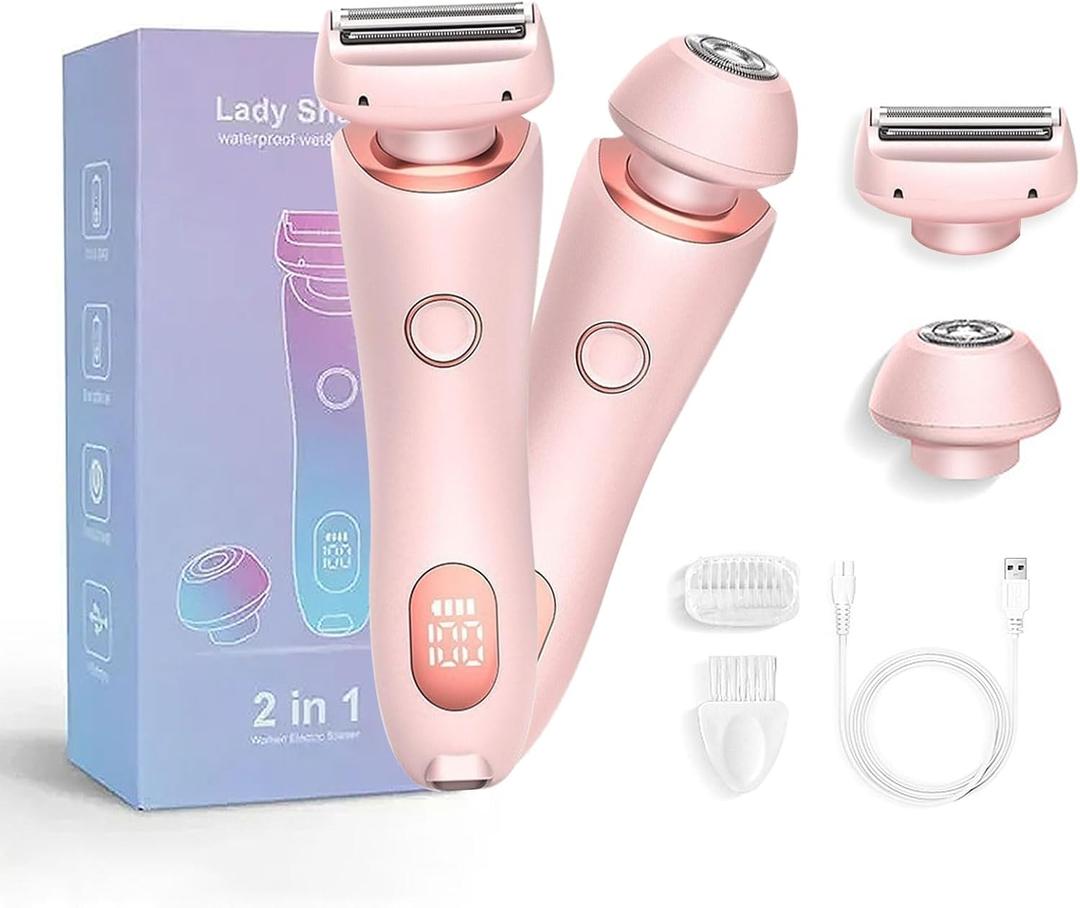 Bikini Trimmer for Women, Electric Razors with Removable Head, 2 in 1 Wet & Dry Painless Body Shaver, Pubic Hair Trimmer for Women, Replaceable Lady Razor for Leg Arm Underarm Bikini Area (Pink)