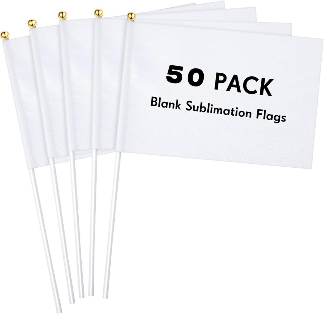 Remerry 50 Pieces Sublimation Flags Blank 5.51 x 8.27 Inch Small White Flags on Sticks with Pole for DIY Parades Birthday Wedding Decor Grand Opening Carnival Events Celebration