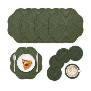 Set of 8 St. Patrick's Day Round Braided Placemats with Coaster, 12" Dark Green Cotton Rope Woven Placemat with Scalloped Edge Heat Resistant Washable Table Mat for Weeding Party Kitchen Dining Table
