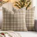 MIULEE Fall Set of 2 Scottish Tartan Plaid Throw Pillow Covers Farmhouse Classic Decorative Outdoor Square Cushion Cases for Halloween Thanksgiving Decor Sofa Couch 20x20 Inch, Khaki and White