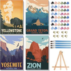 4 Pack Paint by Numbers for Adults with Framed Canvas - with Wooden Easel, National Park Paint by Number on Canvas, DIY Landscape Acrylic Oil Painting Kits with Brushes for Home Wall Decor 8x12 inch