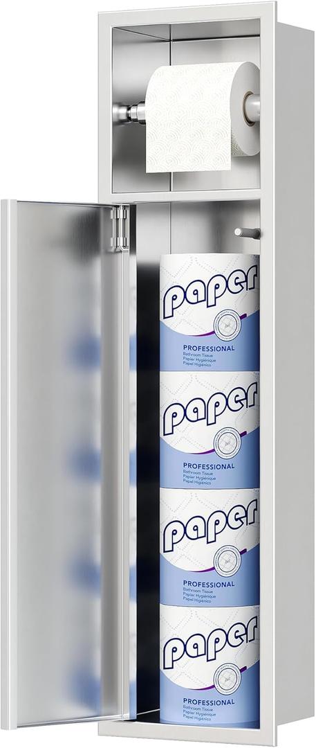 Neodrain Recessed Toilet Paper Holder, Brushed Toilet Tissue Holder with Storage Cabinet for Toilet Brush Holder, 304 Stainless Steel Wall Bathroom Roll Paper Holder