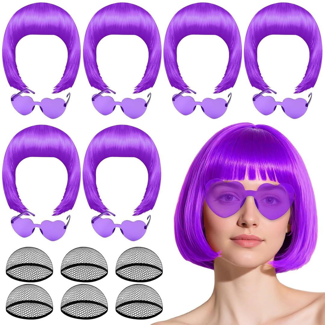 PLULON 6 Pack Purple Bob Wig with Heart Sunglasses and Hair Cap for Women, Colorful Cosplay Costume Neon Short Bob Wigs Funny Hairpieces Daily Bachelorette Halloween Costume Party Decorations