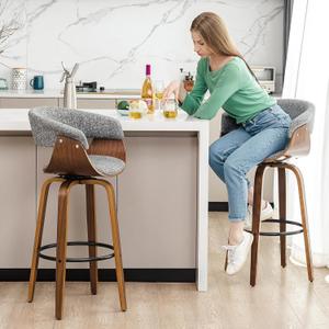 Glitzhome Bar Height Swivel Barstools Set of 2, 29.5 Seat Height Upholstered Fabric Bar Chairs with Back& Footrest, Walnut Wood Frame Bar Stools for Kitchen Island, Home Bar,Grey