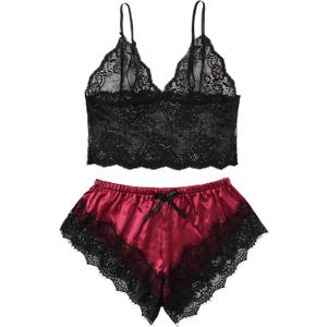 WDIRARA Women's 2 Piece Lingerie Floral Lace Cami Top with Satin Shorts Sleepwear Pajama Set (Black and Red)