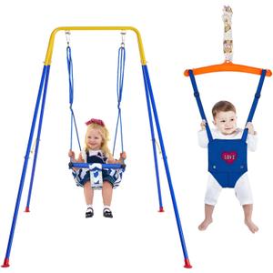 3 in 1 Toddler Swing & Jumper, Baby Swing & Bouncer for Outdoor Indoor Play, Baby Bouncer Jumper with Safety Seat, Foldable Metal Stand (Swing & Jumper Set)