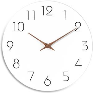 Mosewa Wall Clock 10 Inch Silent Non Ticking Wood Battery Operated Wooden White Modern Office Simple Minimalist Decorative for Kitchen Home Bathroom Living Room
