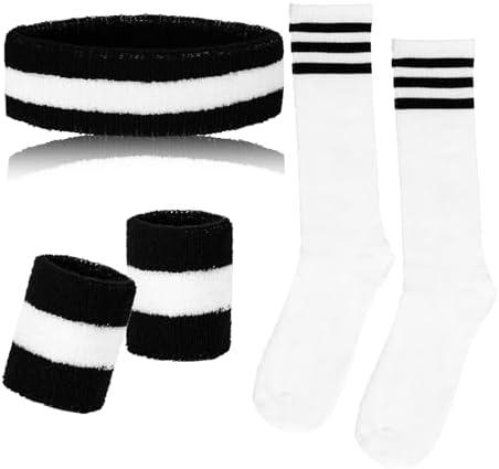 Sucrain 5 Pieces Striped Sweatbands and Socks Set, Sports Sweatbands Wrist Sweat Bands Red, White& Blue High Tube Socks 80s Accessories Costumes for Men Women