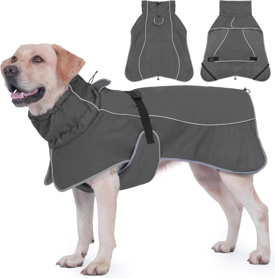 Dog Raincoat, Waterproof Dog Coat with Reflective Straps, Leash Hole & Polar Fleece Lining, Winter Snow Rain Coat for Small, Medium & Large Dogs, Warm, Windproof Vest Jackets (Grey)