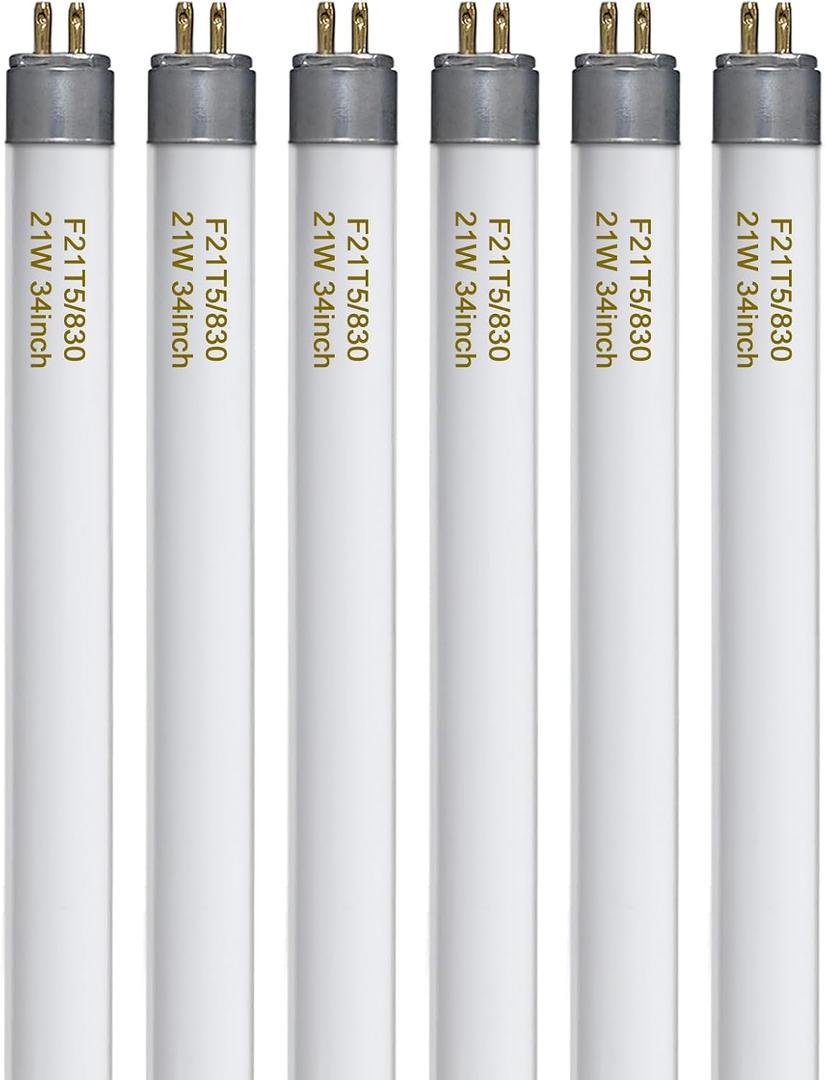 Konideke F21T5/830 21 Watt 34 Inches T5 Fluorescent Light Bulb, 3000K Warm White, 2100 Lumens, 20000 Hour Lifespan, Mini Bi-Pin Base, 6 Pack
