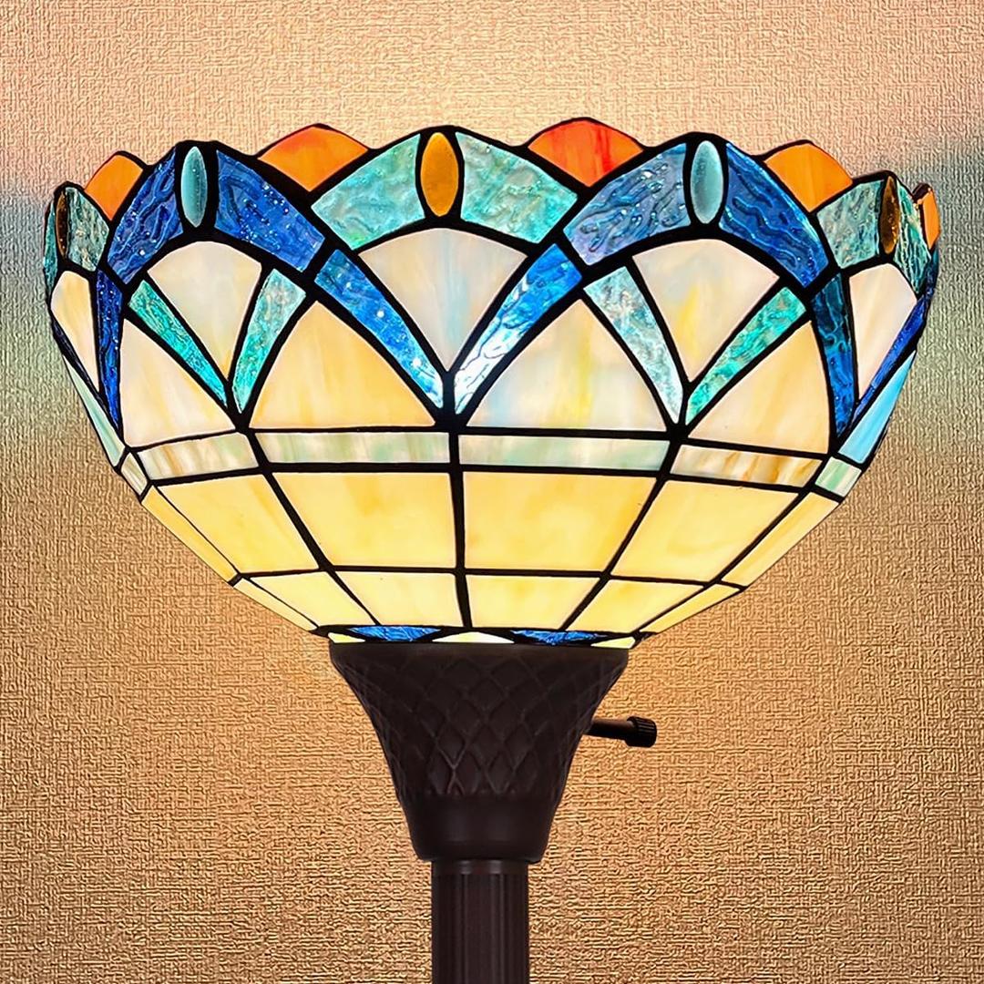 Tiffany Torchiere Floor Lamp,Stained Glass Lamp Shade,Vintage Antique Style Tall Standing Corner Light for Bedroom Living Room
