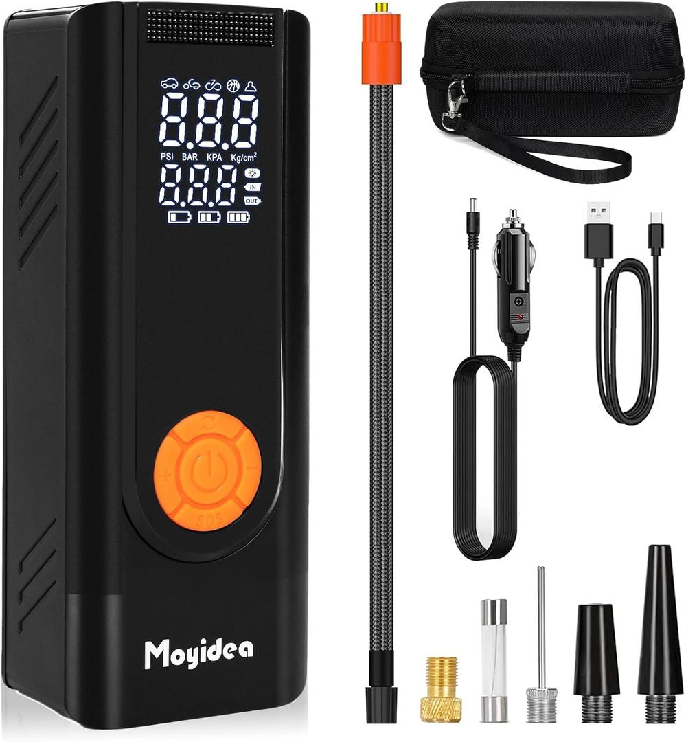 Moyidea Tire Inflator Portable Air Compressor, Fast Cordless Air Pump with LED Light, 12V Power Electric Tire Pump with Digital Gauge Pressure for Car tires, Motorcycle, Bike, Ball -with Storage Bag (Black-with Bag)