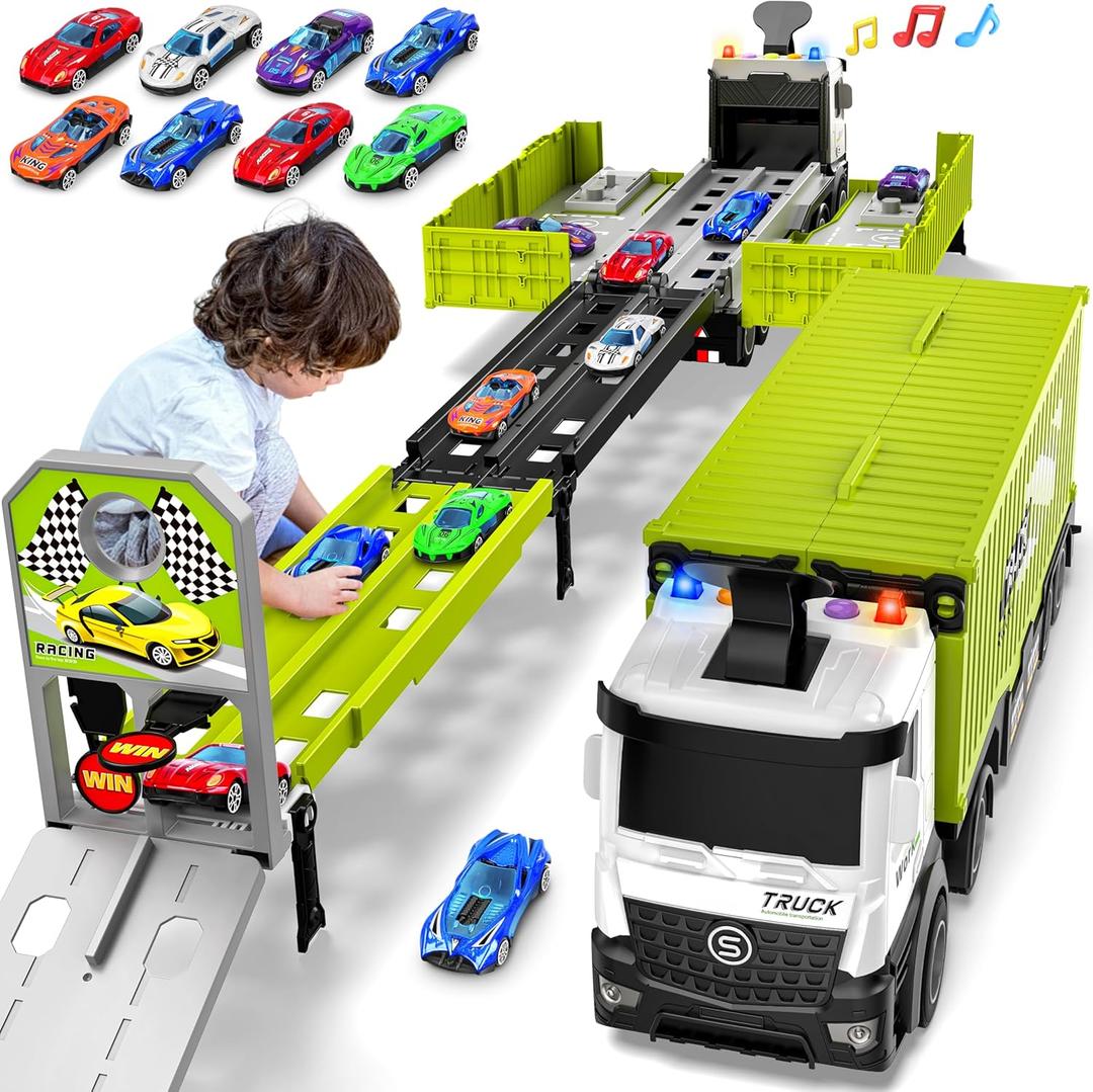 Carrier Truck Race Track Boys Toys, Foldable 3 Layer Toddler Track Playset, Toy Truck Transport Car Carrier & 8 Race Cars, Truck Car Kids Toys for Age 3 4 5 6+ Years Old Boys Girls (Green)