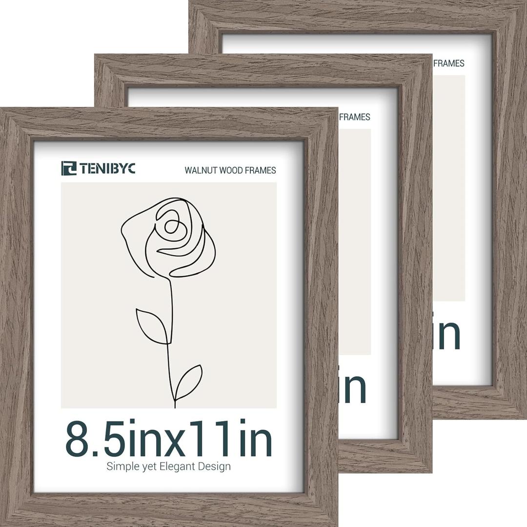 8.5x11 Walnut Picture Frame with HD Glass - 3pk, Natural Solid Wood Picture Poster Frame, Wall Gallery Frame
