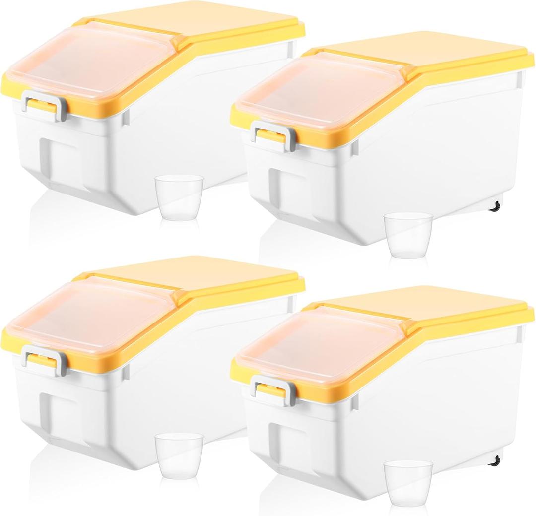 Sunnyray 4 Pcs Rice Storage Containers Bulk Flour Sugar Container Wheels Measuring Cups Set Airtight Pet Dog Cat Birds Food Bin Grain Cereal Organizer Box for Dry Baking(Yellow,22 lb)