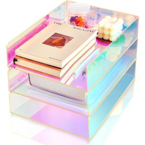 Suzile 3 Pcs Iridescent Acrylic Letter Organizer 12.6 x 9.5 x 2.8 Inches Stackable Iridescent Acrylic Letter Tray Paper Tray for Desk File Document Folder Notebooks Stationery Office Accessories