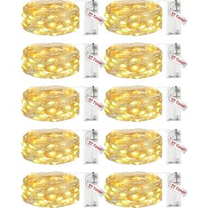10 PackFairy Lights Battery Operated with Timer, 7FT 20LED String Lights Waterproof Silver Wire Fairy Light Battery Powered Twinkle Lights for Bedroom Christmas Wedding Indoor Party Decor Warm White