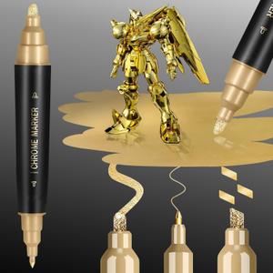 1PK Dual Tip Permanent Mirror Chrome Gold Marker  Metallic Gold Paint Pen for Metal, Plastic, Fabric, Jewelry, Model Painting, Touch-Up & Repair Kit, 2 Tips (0.7mm & 3mm Reversible Tip)