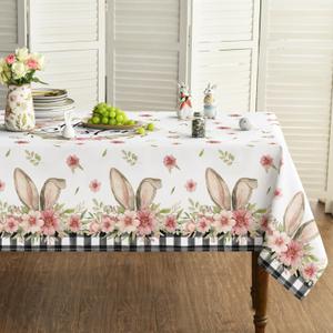 Horaldaily Easter Tablecloth 60x60 Inch, Spring Flower Buffalo Plaid Bunny Ear Table Cover for Party Picnic Dinner Decor (White)