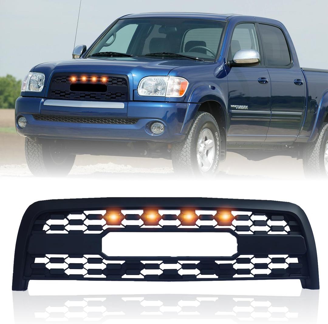 Front Grill Compatible with Tundra 2003 2004 2005 2006, Front TRD Style Grille Replacement with 4 Amber LED Lights Accessories, Matte Black