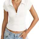 Eachyes Womens Polo Shirts Deep V Neck Cap Sleeve Tops Collared Sexy Summer Tee Button Down Business Casual Clothes 2026 (White)