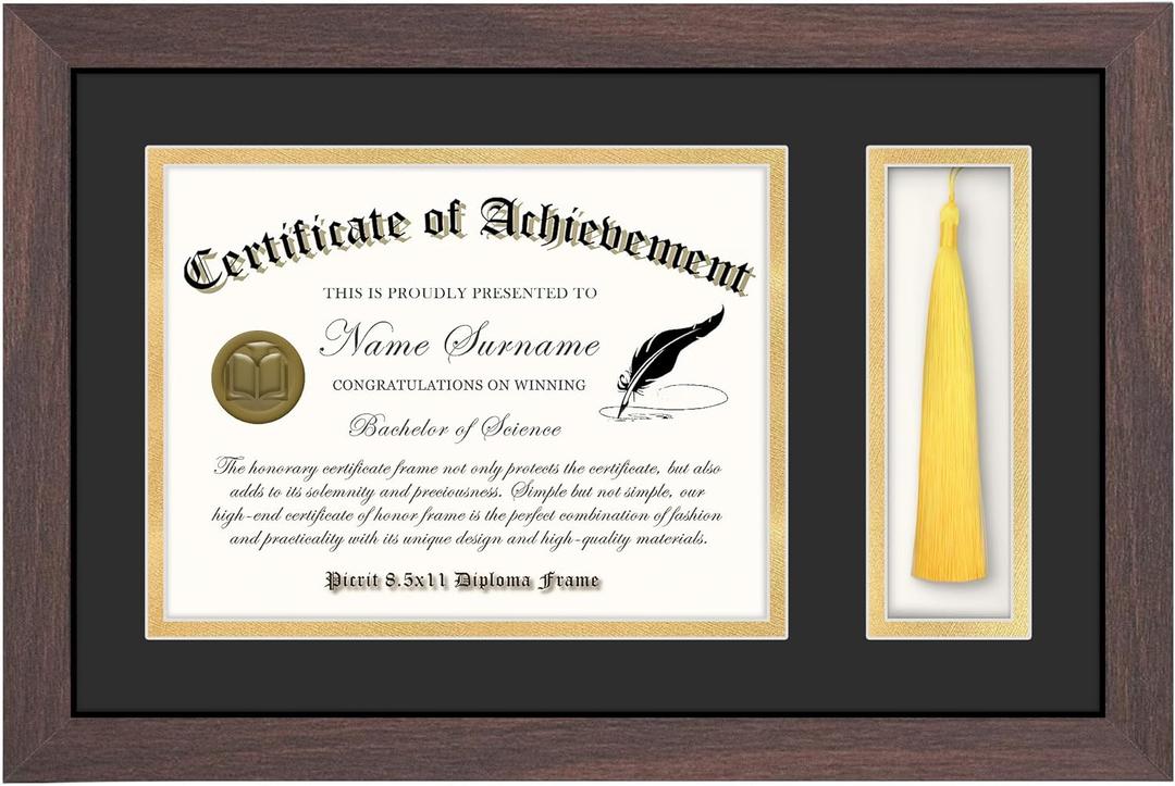 Picrit 11x17 Mahogany Brown Wood Diploma Frame with Tassel Holder for 8.5x11 Certificate/Degree Document with Tempered Glass, Black over Gold Mat