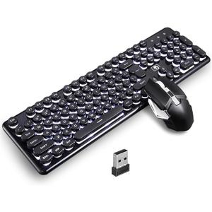 Charging Keyboard Mouse, Backlit Gaming Mice and Keyboard Combo Wireless 2.4G USB Drive Free, 12 Multimedia Keys, Ergonomic Anti-ghosting, Retro Punk Round Keycaps for Office Gaming Use (Black-White)