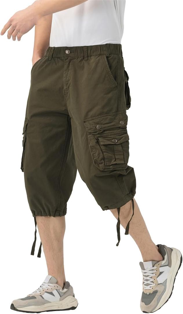 Mens Long Cargo Shorts Elastic Waist Stretch Twill Cotton 3/4 Multi Pockets Below Knee Cargo Shorts for Men (Green)