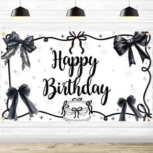 Coquette Birthday Decorations Black Bow Happy Birthday Backdrop Black Bow Bday Decorations Girls Women Photography Backgrounds, 5.9 * 3.6Ft