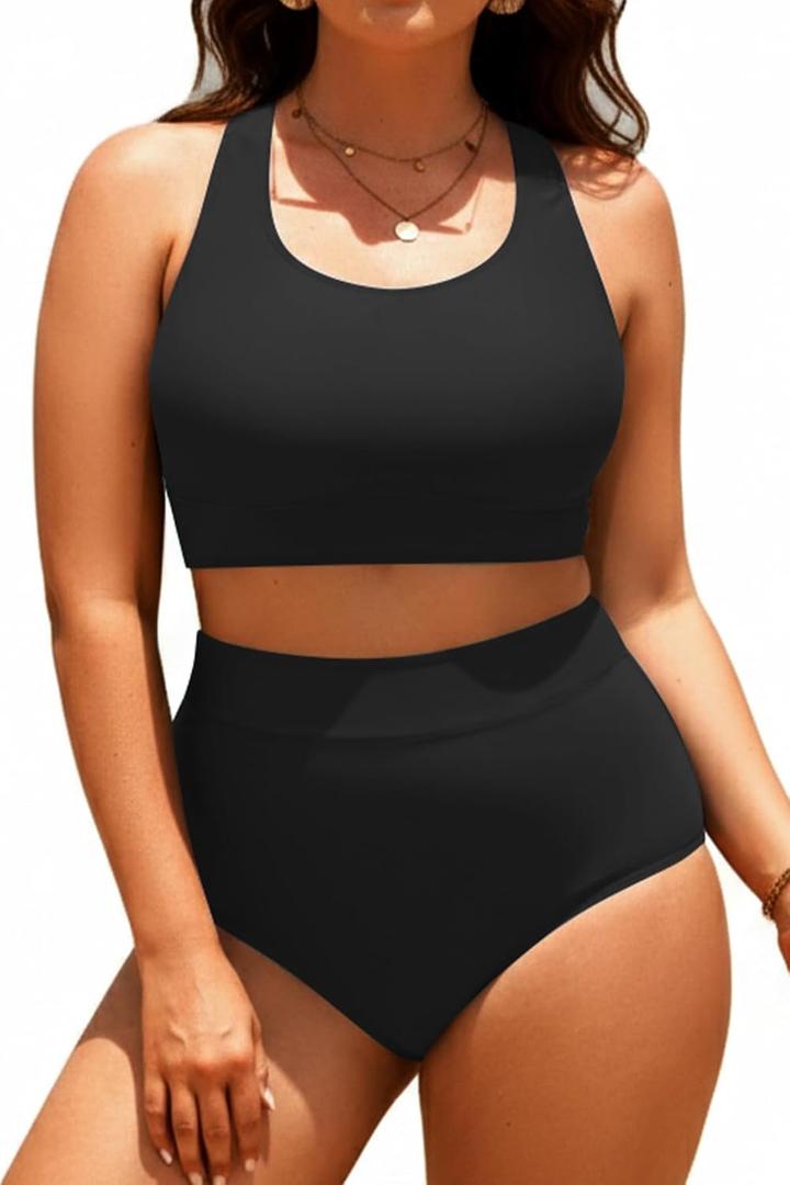 Aqua Eve Plus Size Two Piece High Waisted Bikini Swimsuits Scoop Neck Bikini Set Sporty Bathing Suits (Black, XL)