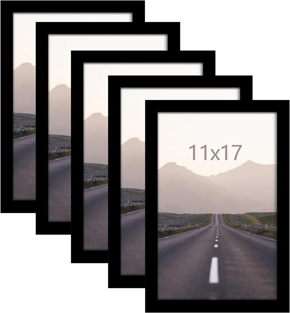 11x17 Picture Frame Set of 5, Black Poster Frame for Horizontal or Vertical Wall Mounting