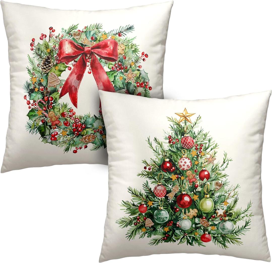 Set of 2 Christmas Tree Pillow Covers Xmas Wreath Throw Pillow Covers Red and Green Decorative Pillow Case 18x18 Winter Holiday Cushion Case for Home Decor Couch Sofa