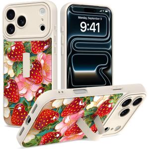 Phone Case for iPhone 17 Pro Max,White Strawberry | Finger Strap StandKickstandAnti-drop, anti-impact, 3D relief printing technology. Suitable for men women