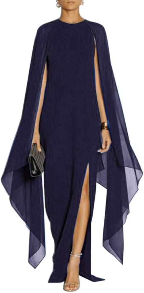 MAYFASEY Women's Elegant High Split Flare Sleeve Formal Evening Gowns Maxi Dress with Cape (Navy), XL