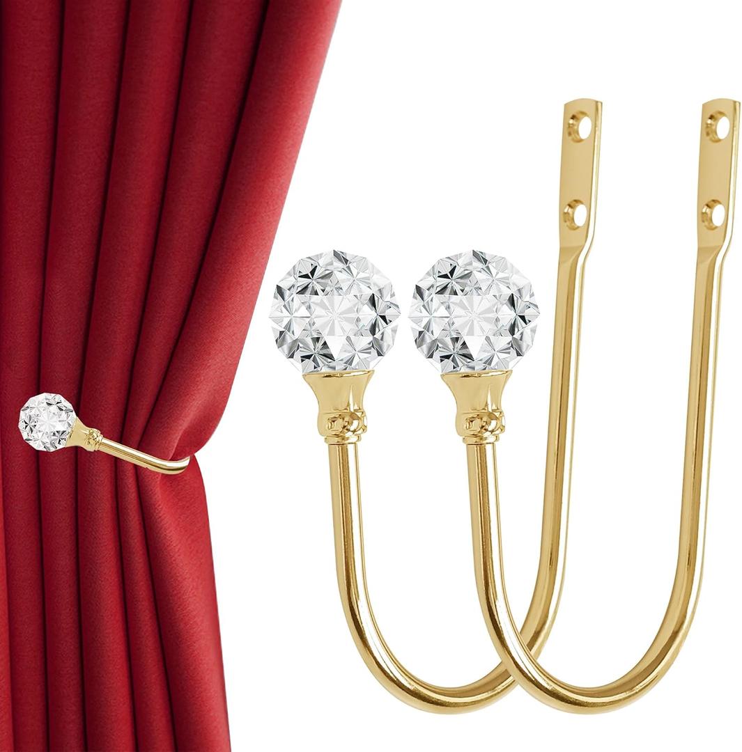 Curtain Holdback, 2pcs Wall Mounted Drapery Tiebacks with Clear Crystal Ball, Heavy Duty Metal Decorative Window Drapery Curtain Holder Curtain Hooks with Screws, Gold