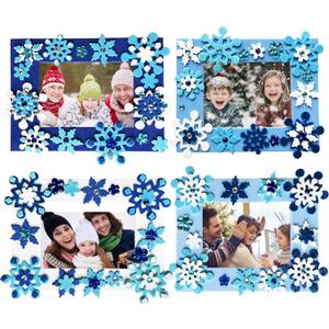 MLOLM 24 Pack Winter Snowflake Picture Frames Craft Kits, 24 DIY Photo Frames with 176 Snowflake Stickers for Christmas Crafts, Frozen Themed Party Favors, Home Winter Activity